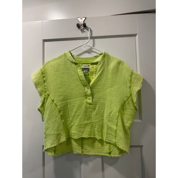 BDG Neon Yellow Waffle Crop Fringe Tee - Picture 1 of 4